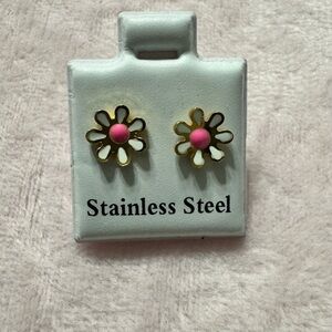 Gold and Pink Flower Stainless Steel Earrings
